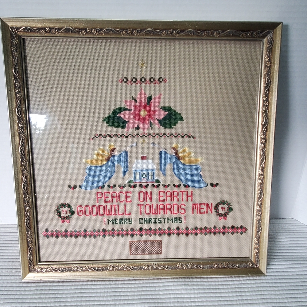 Peace On Earth Good Will Towards Men Cross Stitch 13×13 Merry Christmas Vintage